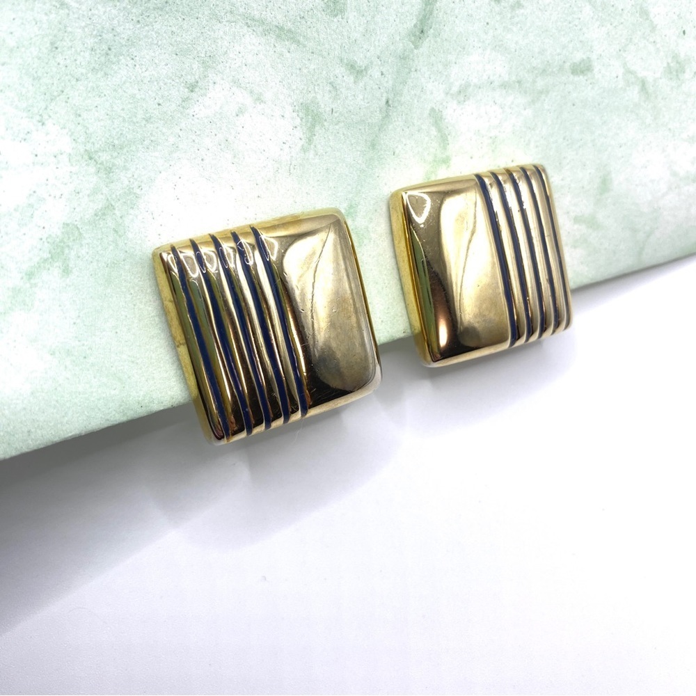 Chunky Square Clip On Earrings Goldtone & Dark Navy Blue Vintage
